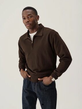 Buck Mason Men's Brown Quarter-Zip Welterweight Sweatshirt